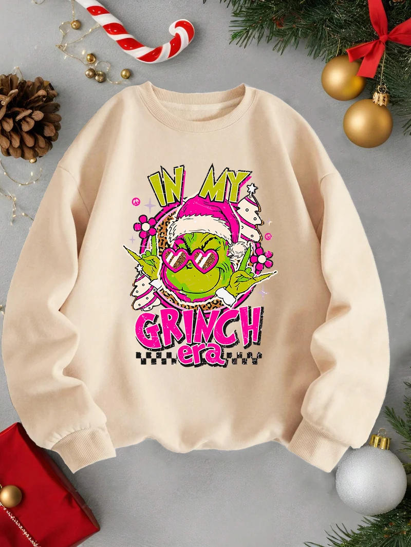 Christmas Sweatshirts Women In My Grinch Era Print Red Hoodies Crewneck Loose Fleece Pullover Winter Warm Tops Woman Clothes