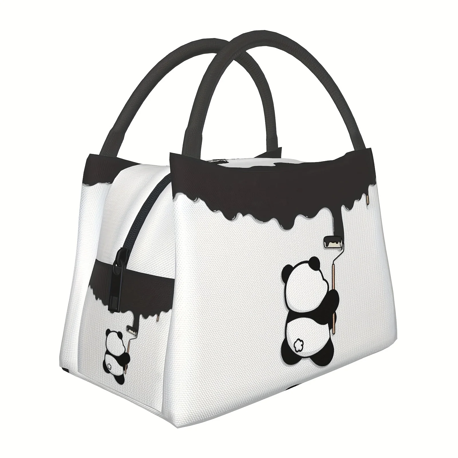 Cute Painting Panda Print Lunch Bag Funny Cartoon Panda Painting Black Pattern Insulated Tote Reusable Cooler Bag