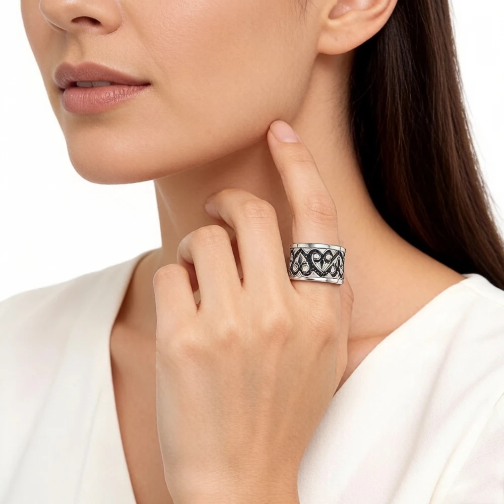 Black Arabesque Hearts Band Ring Europe Style New Fashion Jewerly Gift In 925 Sterling Silver For Women