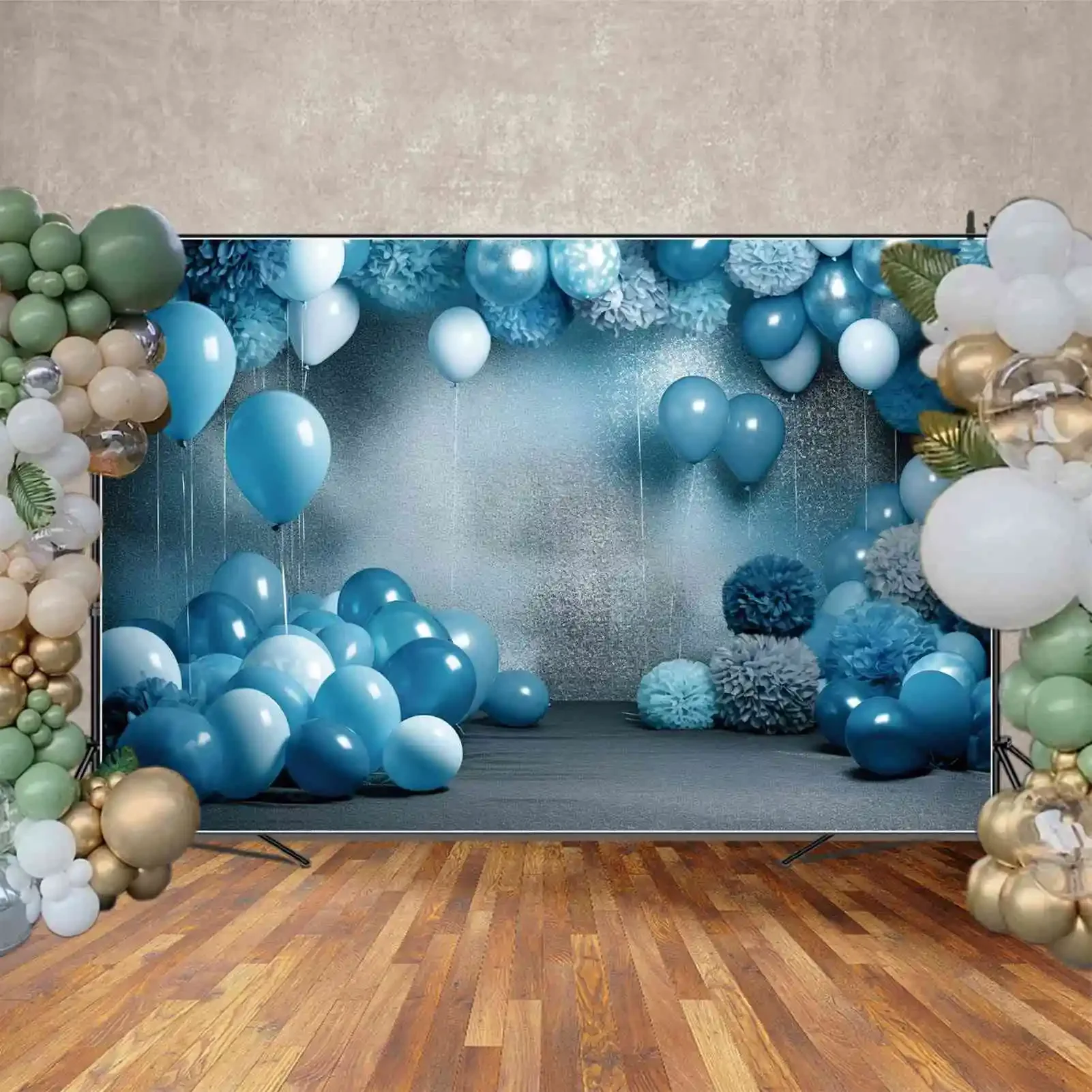 MOON.QG-fondo personalizado para fiesta de cumpleaños, cartel de papel de aluminio para pared, suelo, globo, flores, accesorios para fotomatón