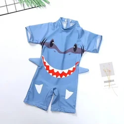 Baby Boys One-piece Swimsuit Cartoon Short Sleeve Shark Swimwear Little Boy Hot Spring Swimming Suit With Free Swimming Cap