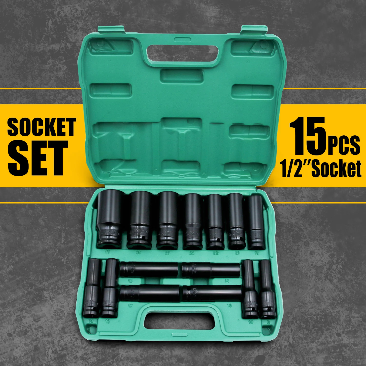 Zestaw nasadek 1/2\" 15/20 szt. metryczny zestaw nasadek głębokich 6-kątny zestaw nasadek udarowych z przenośnym etui do przechowywania