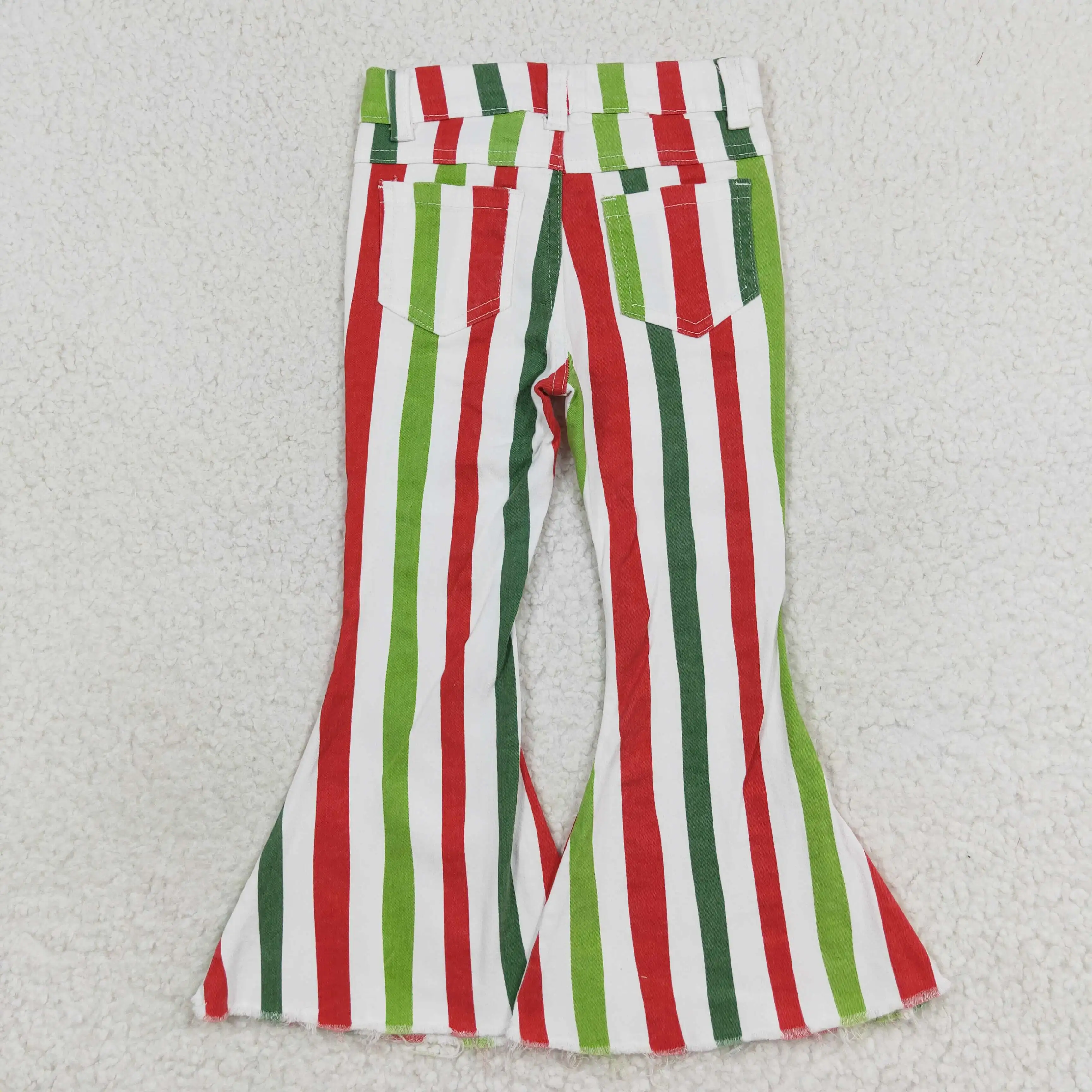 Wholesale Toddler Zipper Bell Bottom Pants Baby Girl Trousers Clothing Kids Infant Pocket Children Red Green Stripes Denim Jeans