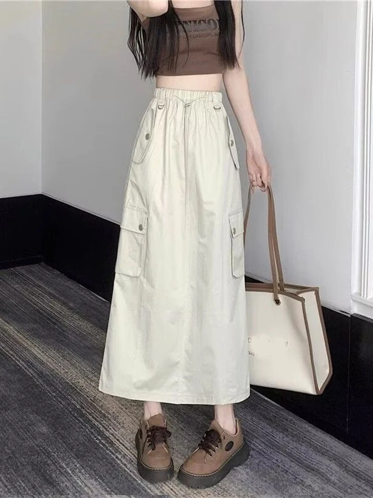 

Jmprs Y2K Streetwear American Cargo Skirt Women Hip Hop Retro Loose Midi Skirts High Waist Harajuku Lady Drawstring New Skirt