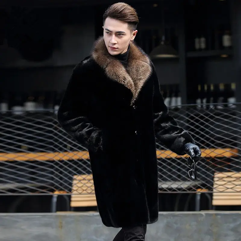 Imported Whole Mink Men's Mink Coat Suit Collar Imitation Mink fur Solid Color Medium Long Haining fur 2025 Winter Coat Men WLF