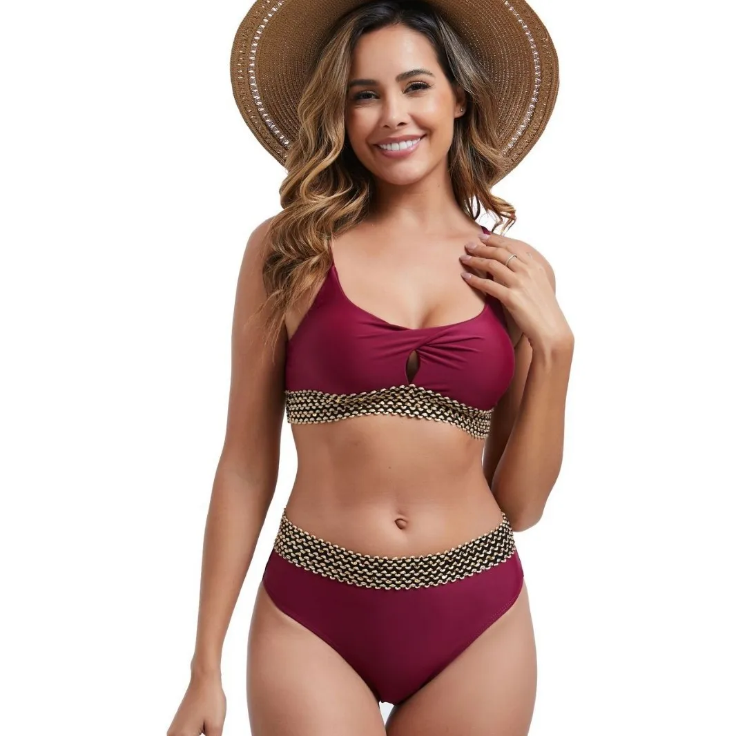 

2025 Sexy Strape Tape Swimsuit Women Red High Waist Bikini Set Bandeau Swimwear Female Padded Bathing Suit Swimming Beachwear