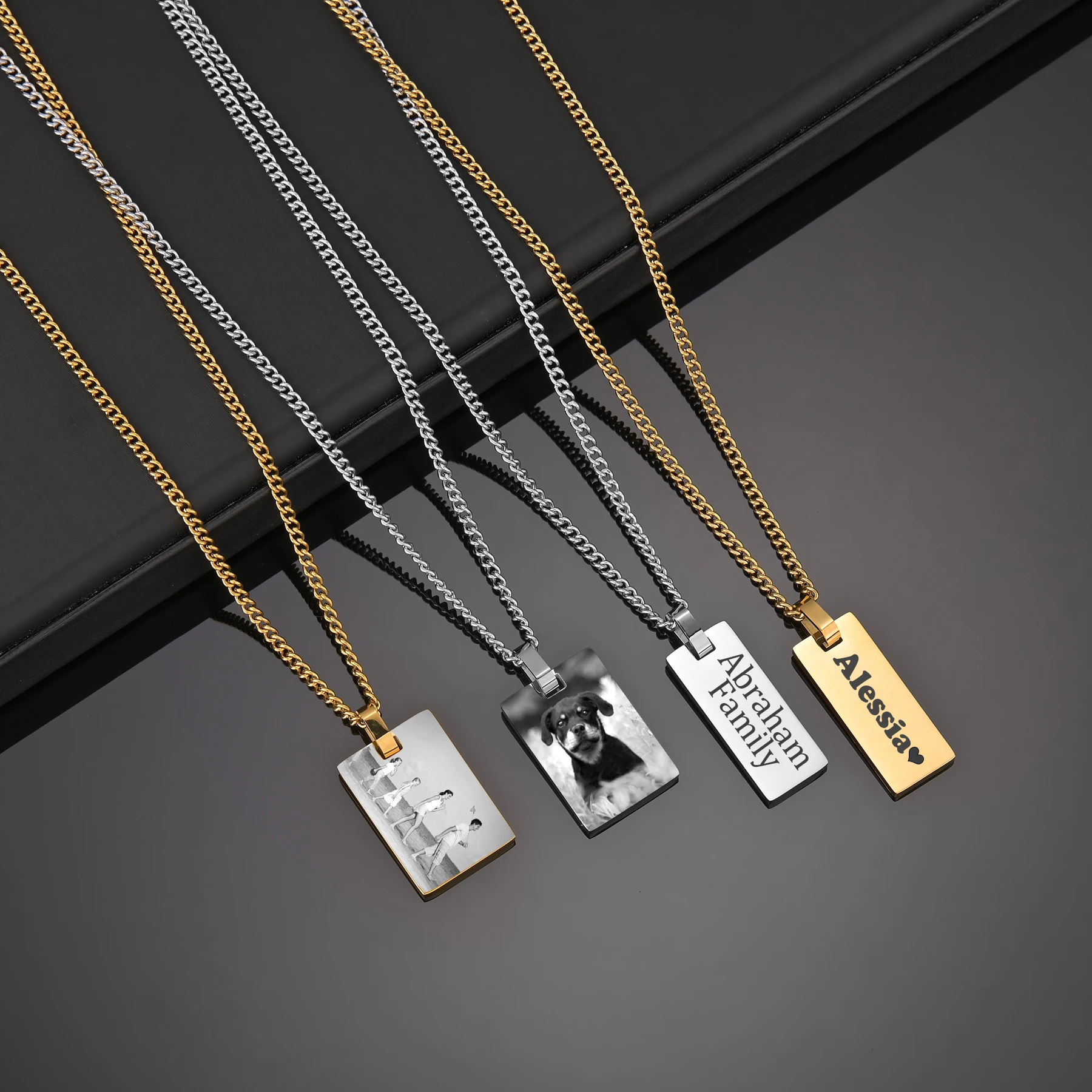 Atoztide Personalized Engrave Picture Name Necklace Stainless Steel for Women Strip Round Heart Side Chain Pendant Jewelry Gift