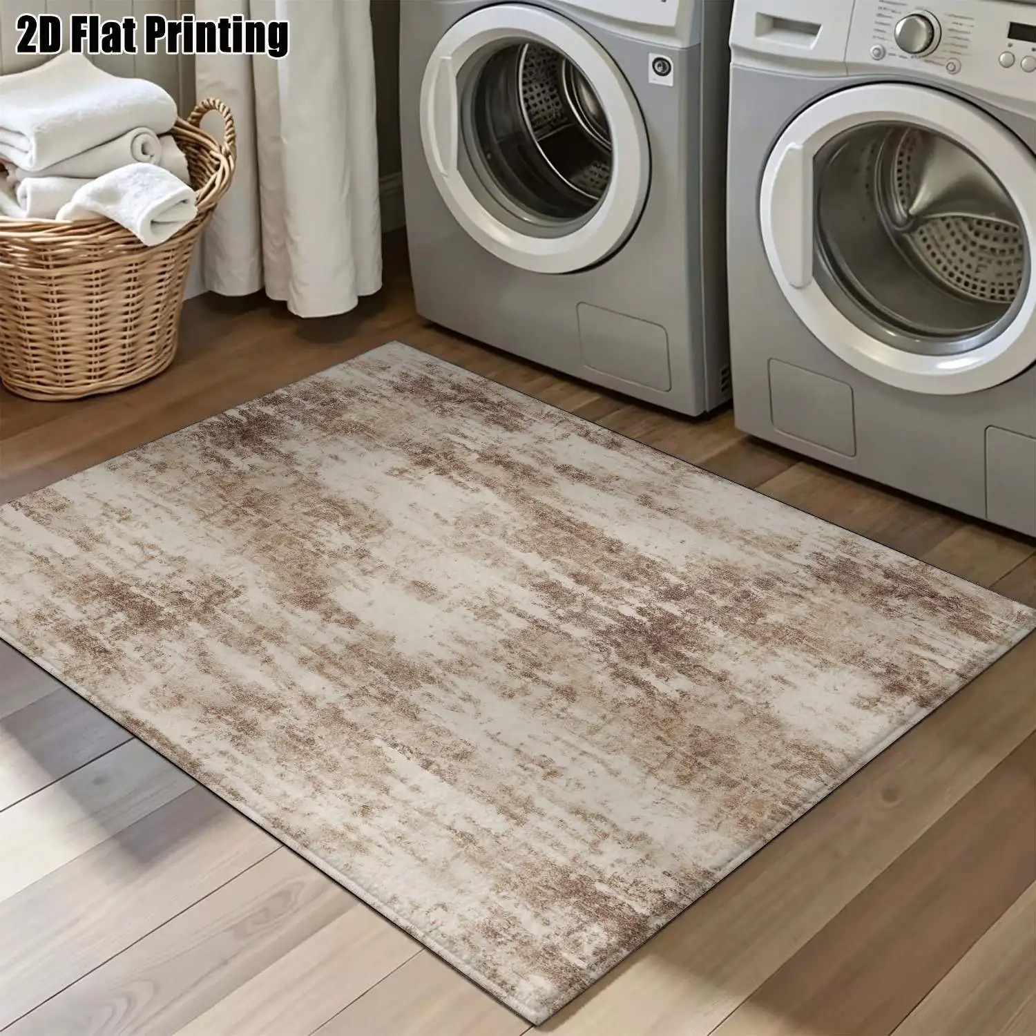 1Pc 2D Printed Carpet: Retro Beige-Brown Abstract Texture, Nordic/Instagram-Style, Modern Minimalist Geometric Striped Floor Mat, Machine Washable, Multi-Size, for Entrance, Dining, Foyer, Living Room, Bedroom Home Decor
