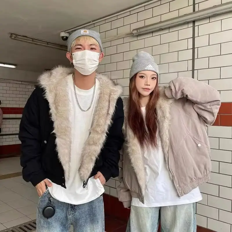 

American Harajuku Warm Jacket Mens and Womens Retro Simple Plush Jackes Men Loose Leather Motorcycle Punk Fur Collar Jacket Tops