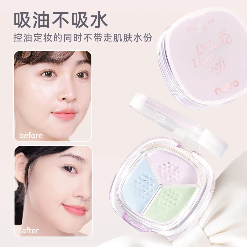 สามสีแป้งฝุ่น Face Setting Powder Cushion Natural Oil-Control Matte กันน้ํา Anti-Scratch ปกปิดแต่งหน้าแป้ง