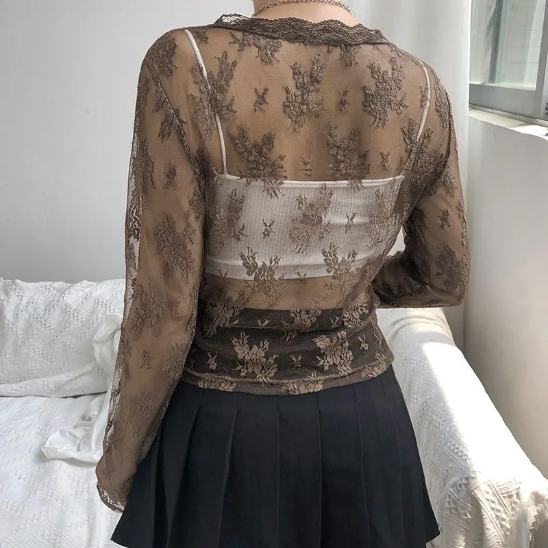 2024 Summer New Lace Cardigan for Women Korean Version Retro Lace Up Long Sleeved Top Sexy V-Neck Perspective Shirt