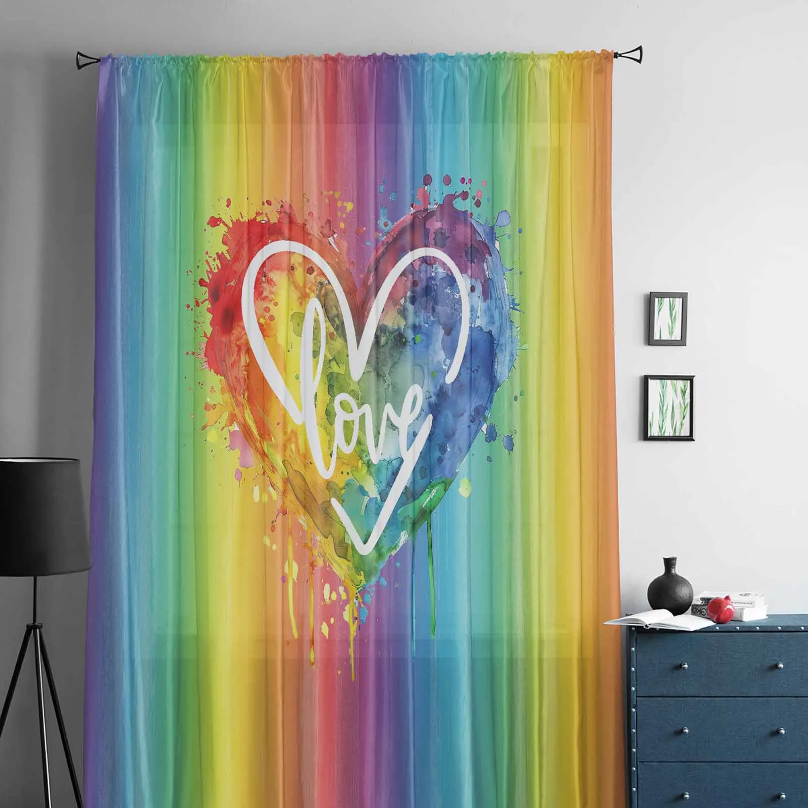 Rainbow Watercolor Gradient Hand Drawn Love Heart Sheer Curtains for Bedroom Living Room Voile Window Curtains Tulle Drapes