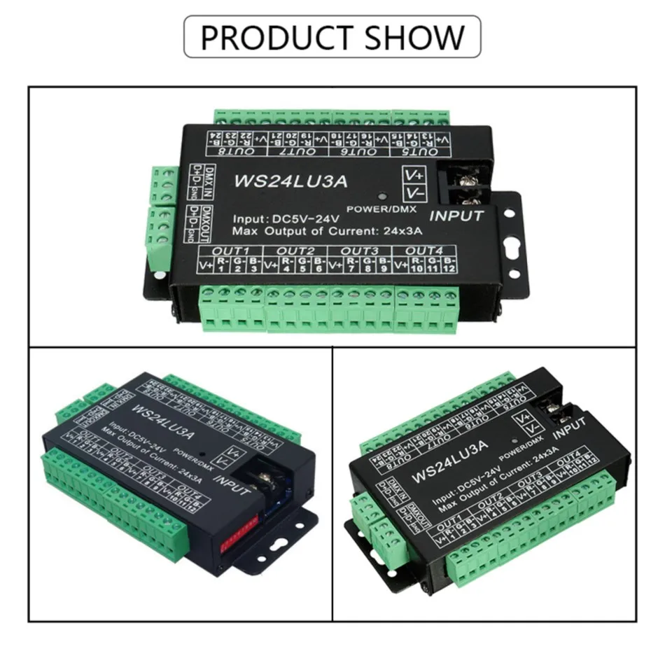 DMX Decoder 5V 12V 24V DC 72A DMX512 1990 to RGB 24 Channel 8 Group PWM low Voltage Dimming Controller Dimmer Signal Converter