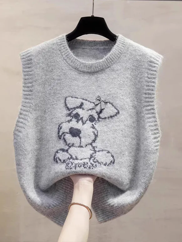 Knitted round Neck Vest Top Women's Spring Autumn New Style Ageless Loose Outerwear Layering Sweater Shoulder Trendy