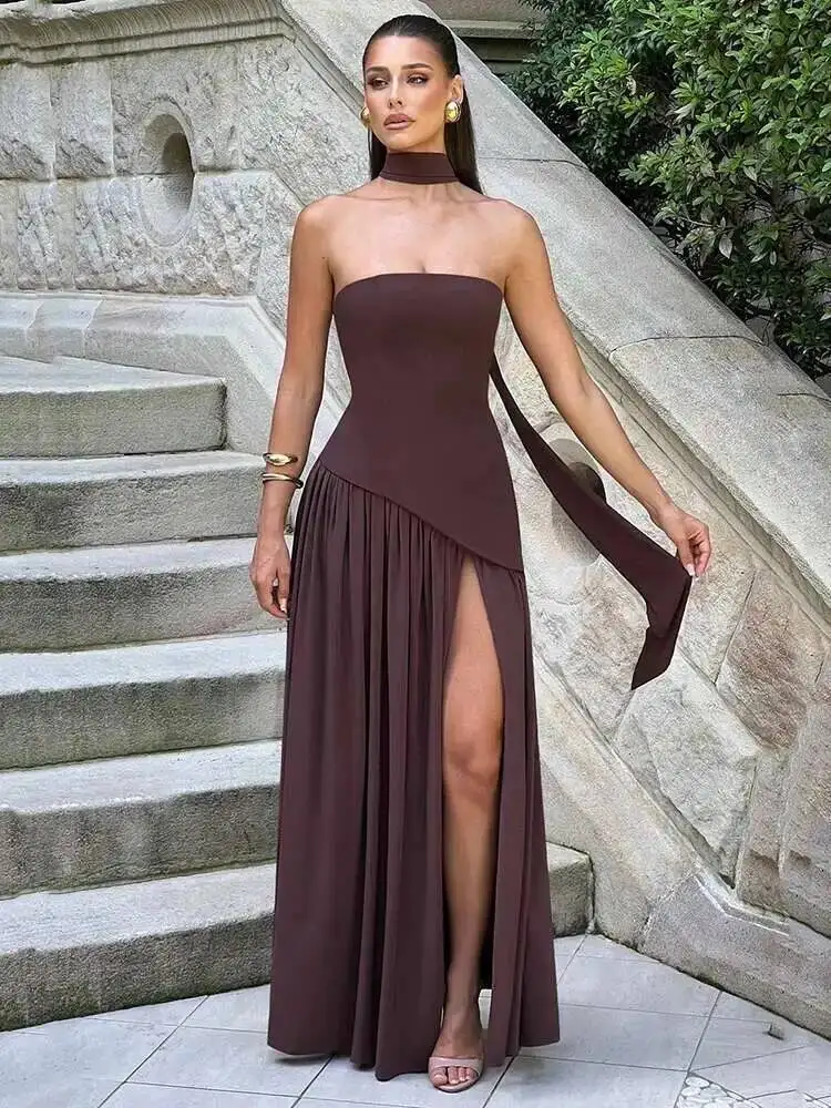 Robe Maxi Sexy sans bretelles, épaules dénudées, pour femmes, Patchwork, col écharpe, cuisse haute, fente, robe longue de soirée en boîte de nuit, hauts NOJ8