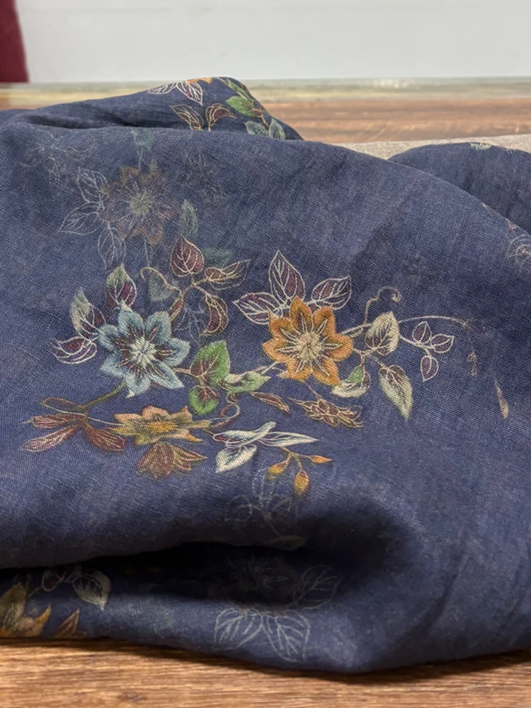 

Синяя ткань из льна с принтом для пошива одежды, стираная, в этническом стиле, для всесезонного использования, ручная работа, для рукоделия