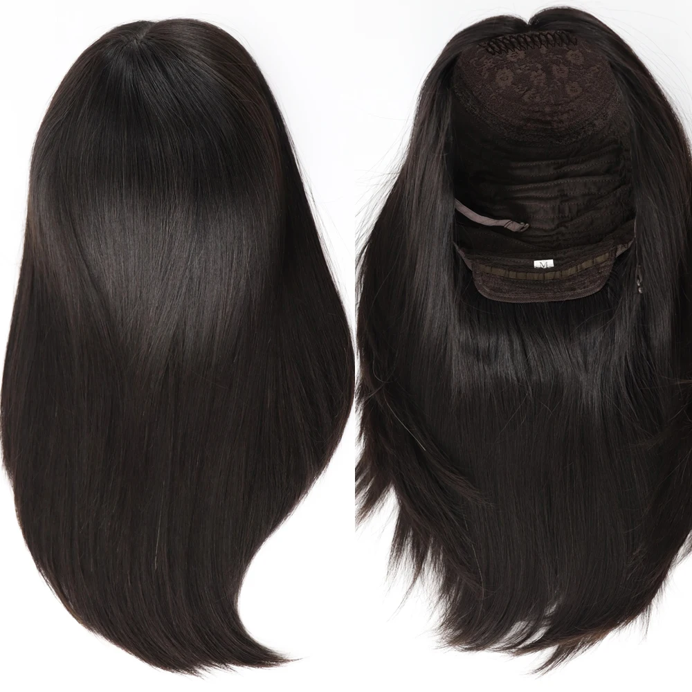 Natural Black Skin Silk Top Jewish Wig Virgin European Human Hair With Clips in 16 Inch Layer  Hair Silk Base Wig