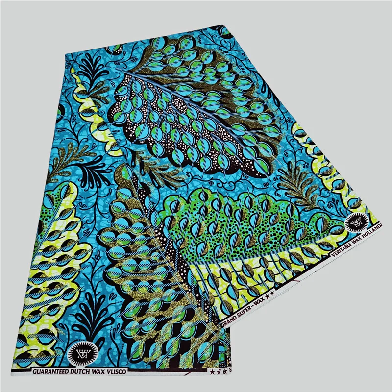 

6Yards Long Blue Green Cotton African Style Wax Fabric with Plants for Sewing Dress Sofa Curtain Tablecloth 120CM Wide R2740