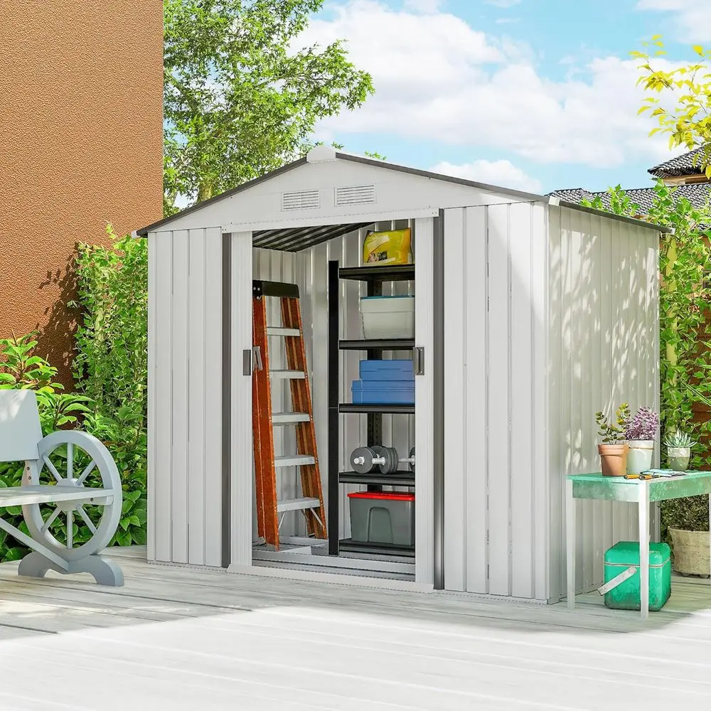 

7' x 4' Outdoor Metal Storage Shed with Foundation Kit, Lockable Doors, Air Vents, Sloping Roof for Garden Tools, White