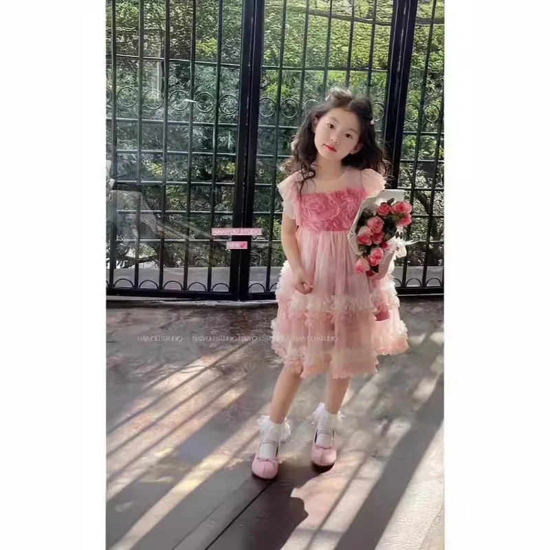 Korean Style New Summer Kids Girl Dress O-neck Cute Chiffon Yarn Pink Fashionable Cake Layered Princess Dresses K0038