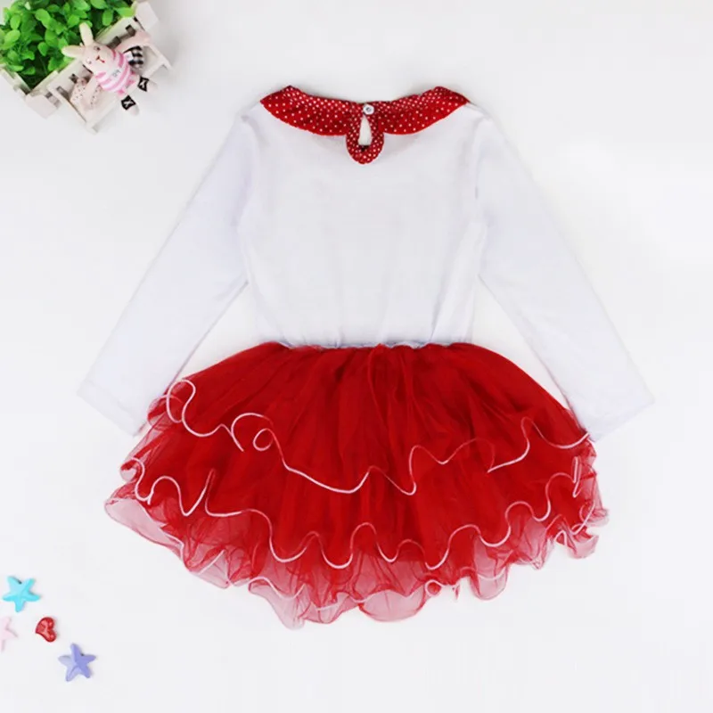 2024 New Christmas Dress for Girls Clothes Child Cute pink Cartoon Print Spotted Long Sleeve Puffy Lace Casual Princess Dress