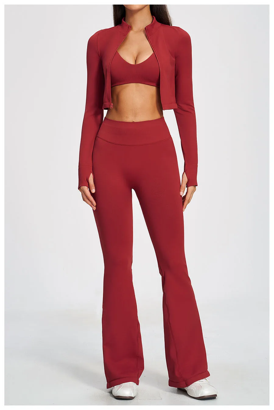 Damen-Trainingsanzug 3-teilig, Yoga-Anzug, nahtloses Sportset, ausgestellte Leggings, Fitness- und Laufoutfit, langärmelige Sportjacke, Yoga-Bekleidung – Detail 8