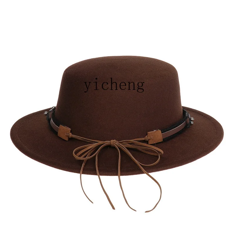 YY Autumn and Winter Women's British Style Hat Men's and Women's Flat Top Gentleman Cashmere Big Brim Top Hat