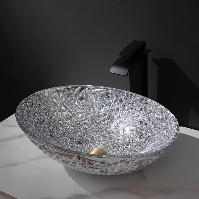 Silver Oval Bathroom Sink Set Tempered Glass Basin with Waterfall Solid Faucet Wash Combination Kit