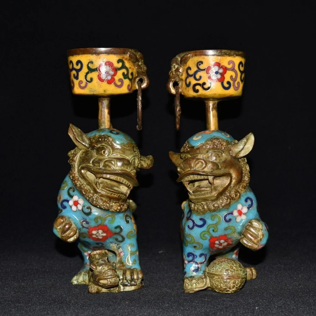 

8"Tibetan Temple Collection Old Bronze Cloisonne Enamel Lion Statue gate Lion Candlestick A Pair Ornament Town House Exorcism