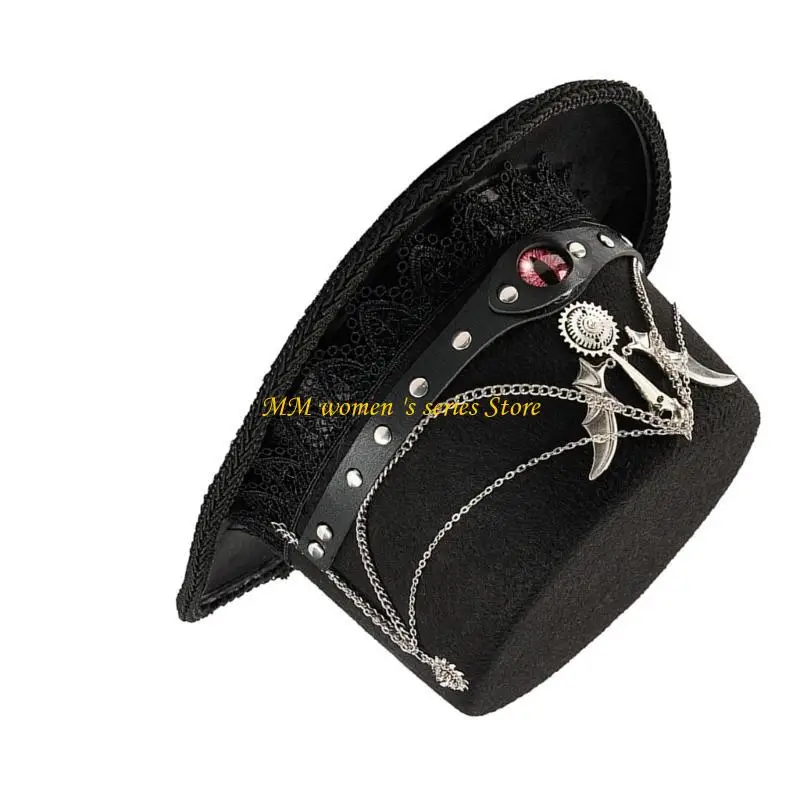 Q39C Unisex Felts Top Hat With Metal Chain and Lace Trim Decoration Halloween Costume Accessories For Steampunk Enthusiasts