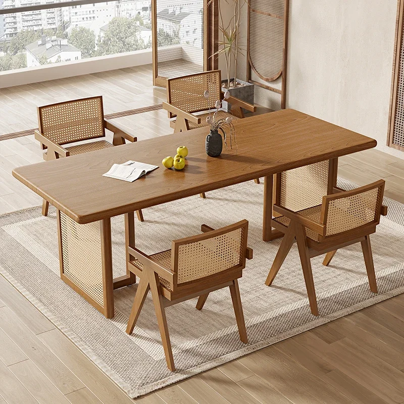 Wabi Sandy Wind Solid Wood Rattan Dining Table Homestay Household Small Apartment Dining Table Log Tea Room