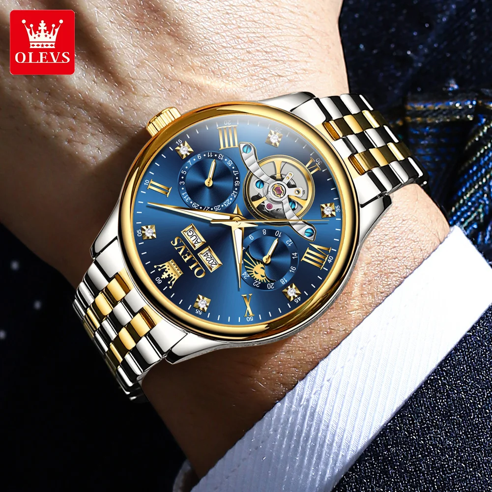OLEVS 6691นาฬิกาผู้ชาย, นาฬิกากลไกอัตโนมัติอเนกประสงค์กันน้ำข้างแรม