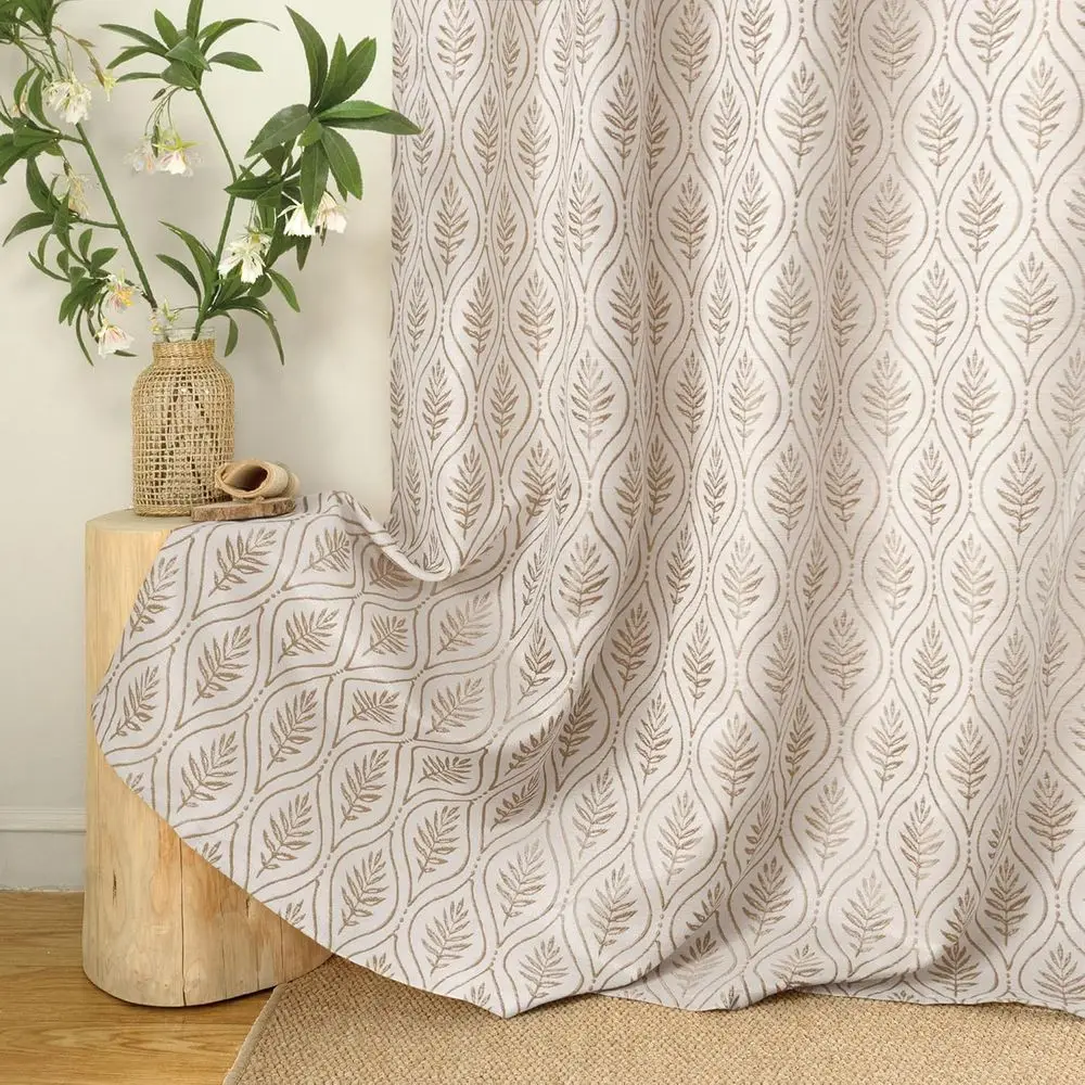 French Country-Style Semi-Sheer Linen Curtains with Leaf Pattern for Living Room, 2 Panels, 52x90