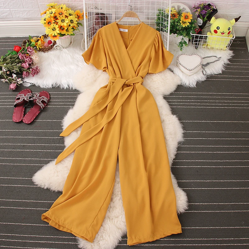 

New Korean Style Commuter Summer Women's Temperament V-neck Tie Waist Slimming Simple Solid Color Drooping Wide-leg Jumpsuit