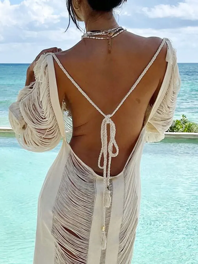 Blanc tricoté Sexy évider frange plage Maxi robe 2024 femmes été dos nu à lacets maillots de bain fête Bikini couvertures A2414