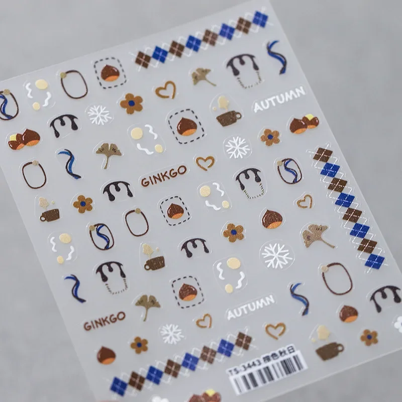 Esdoornblad Kastanje Sneeuwvlok Koffie Kleur Geruit Patroon 5d Reliëf Reliëfs Zelfklevende Nail Art Sticker Manicure Stickers