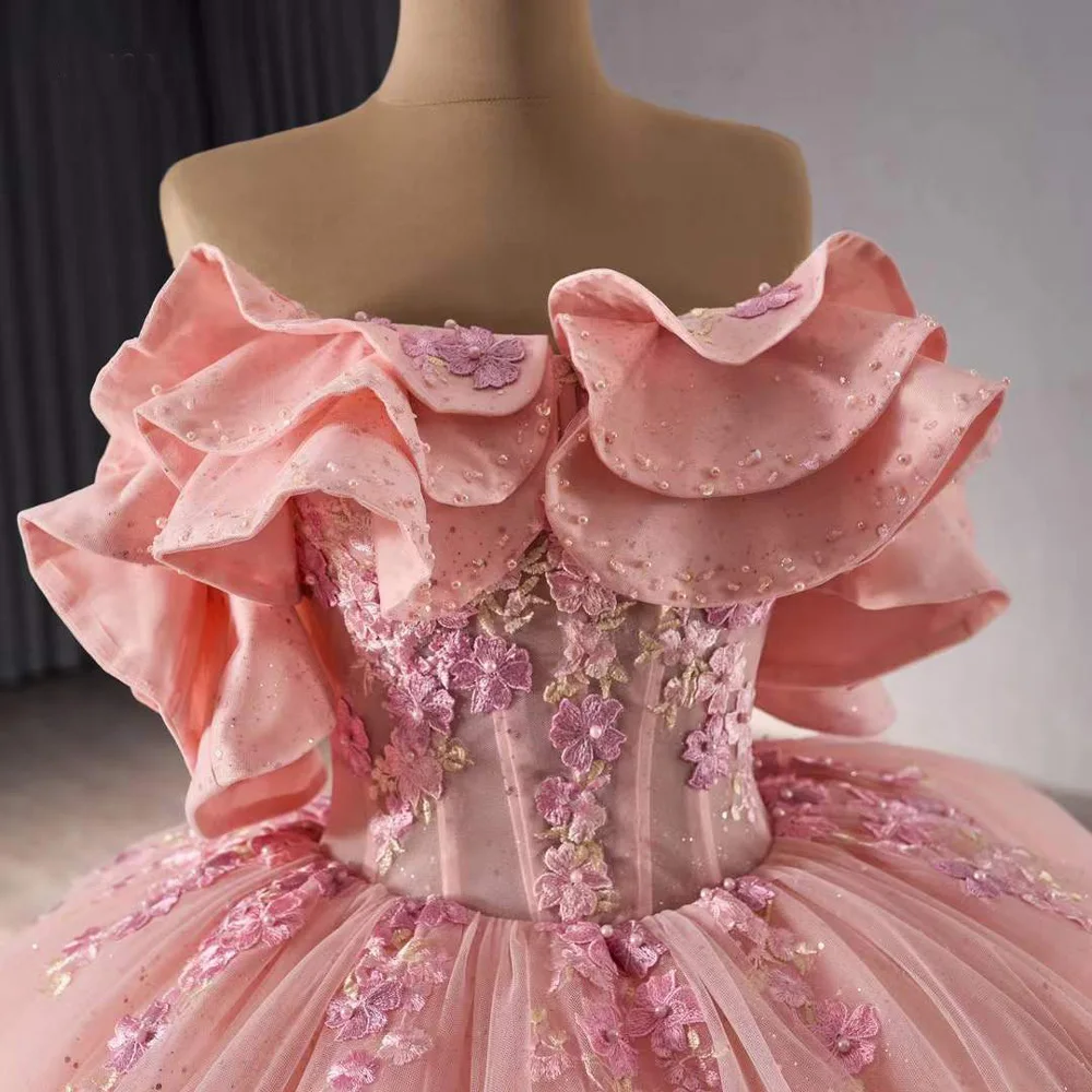 vestidos 15 Quinceañera kanten bloem off-shoulder kanten rug roze baljurk lange formele jurk