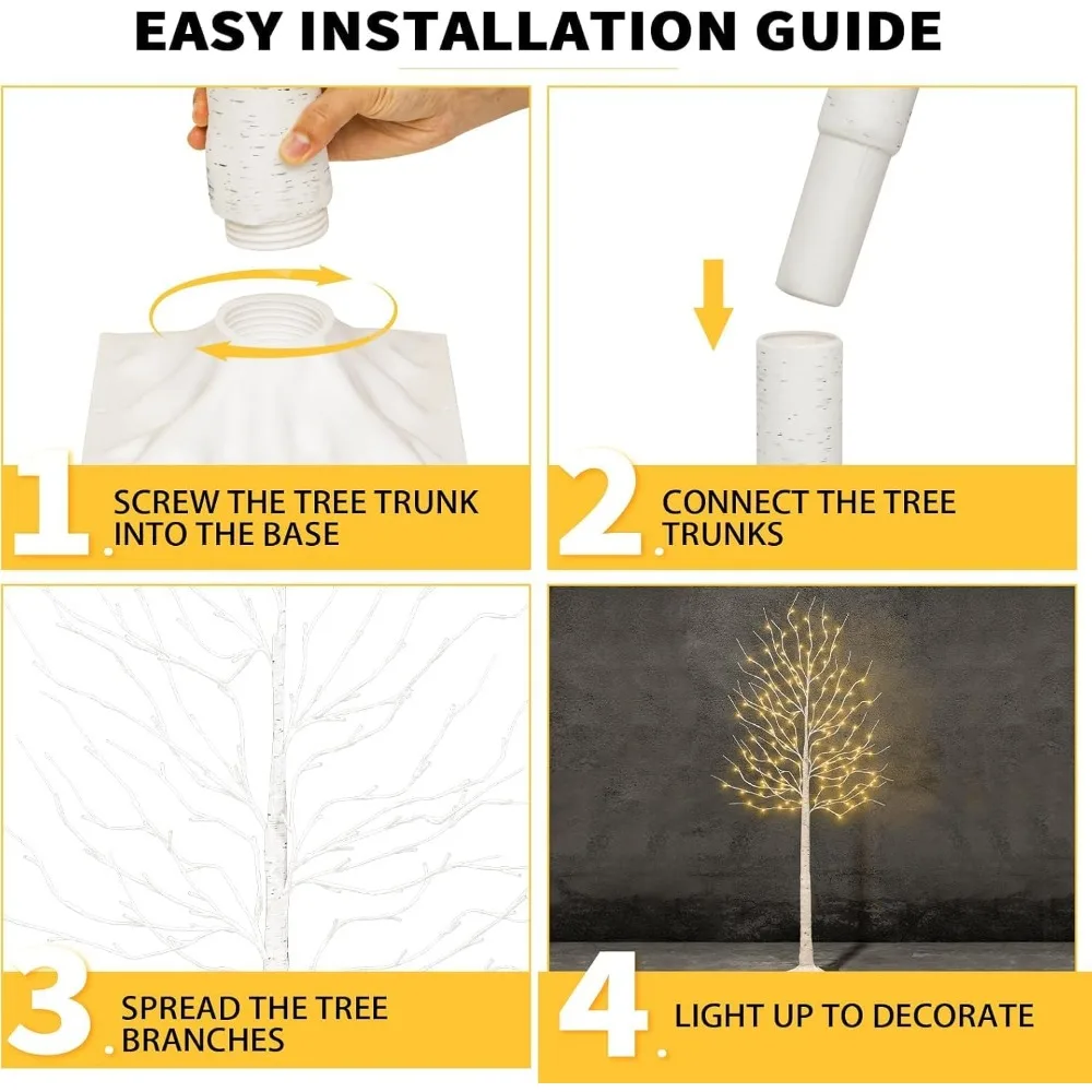 Illuminated Birch Christmas Tree with 144 LED Warm White Lights, 8 Lighting Modes for Festive Decor Indoor/Outdoor