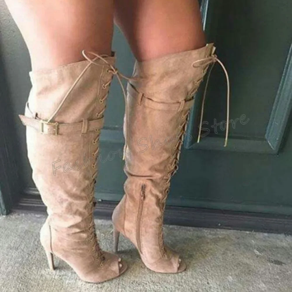 

Apricot Peep Toe Lace up Side Zipper Boots Stilettos High Heels High Heel Shoes for Women Heels 2025 New Zapatos Para Mujere