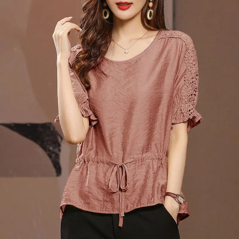 Lace Patchwork Short Sleeves Chiffon Shirt for Women's Spring Autumn New Loose Slimming Causal Lace-up Waistband T-shirt Top