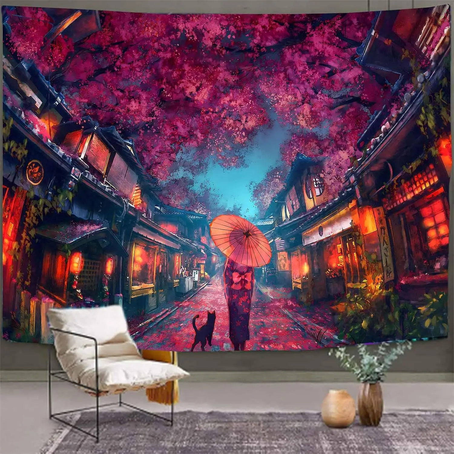 Japanese Anime Tapestry Ancient Japanese Night Street Landscape Tapestry, Cherry Blossom Lantern Tapestry Large Flannel Art