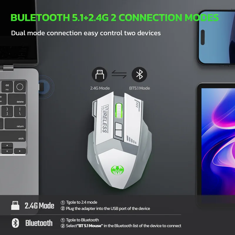 Wireless Charging Bluetooth Dual-Mode 10 Key Mute Gaming Mouse 4800dpi Mouse Rgb Color Light Mute Office Mouse Hot Selling