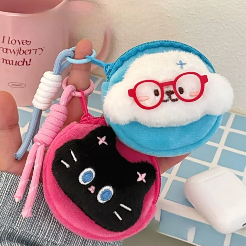 1pc Earphone zero wallet canvas hole bag hanging piece plush kitten zipper hanging piece bag hanging string