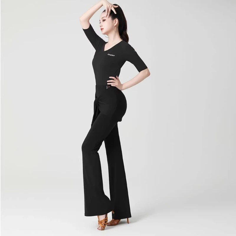 بنطلون رقص لاتيني جديد للخريف للنساء - بنطال طويل أسود عالي الخصر للرقص الحديث والرقص المربع والرقص في قاعة الرقص