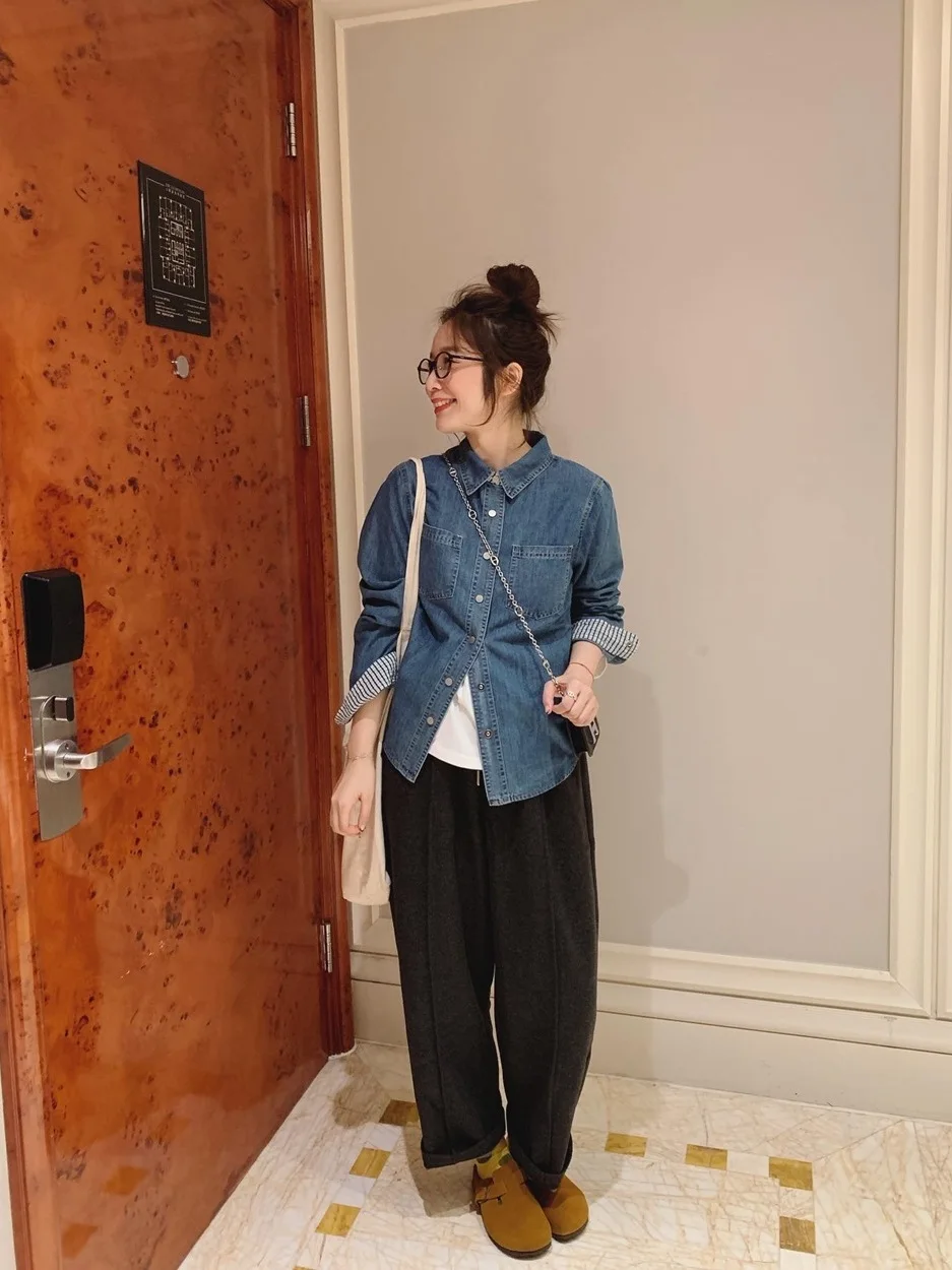 

Xubingbing Versatile Japanese Sle Women's Denim irt Autumn Winter Plaid Long Sve Layering Top Straight Cut Cotton