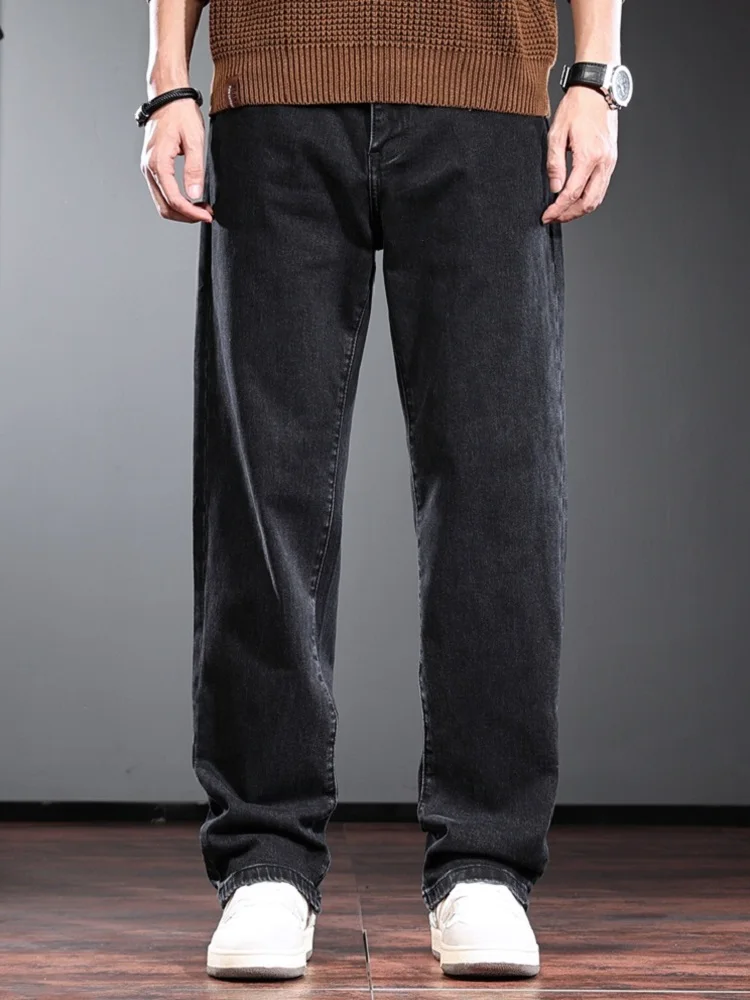 Black Baggy Jeans Men Autumn Casual Solid Color Straight Pants Korean Style Streetwear Loose Denim Trousers