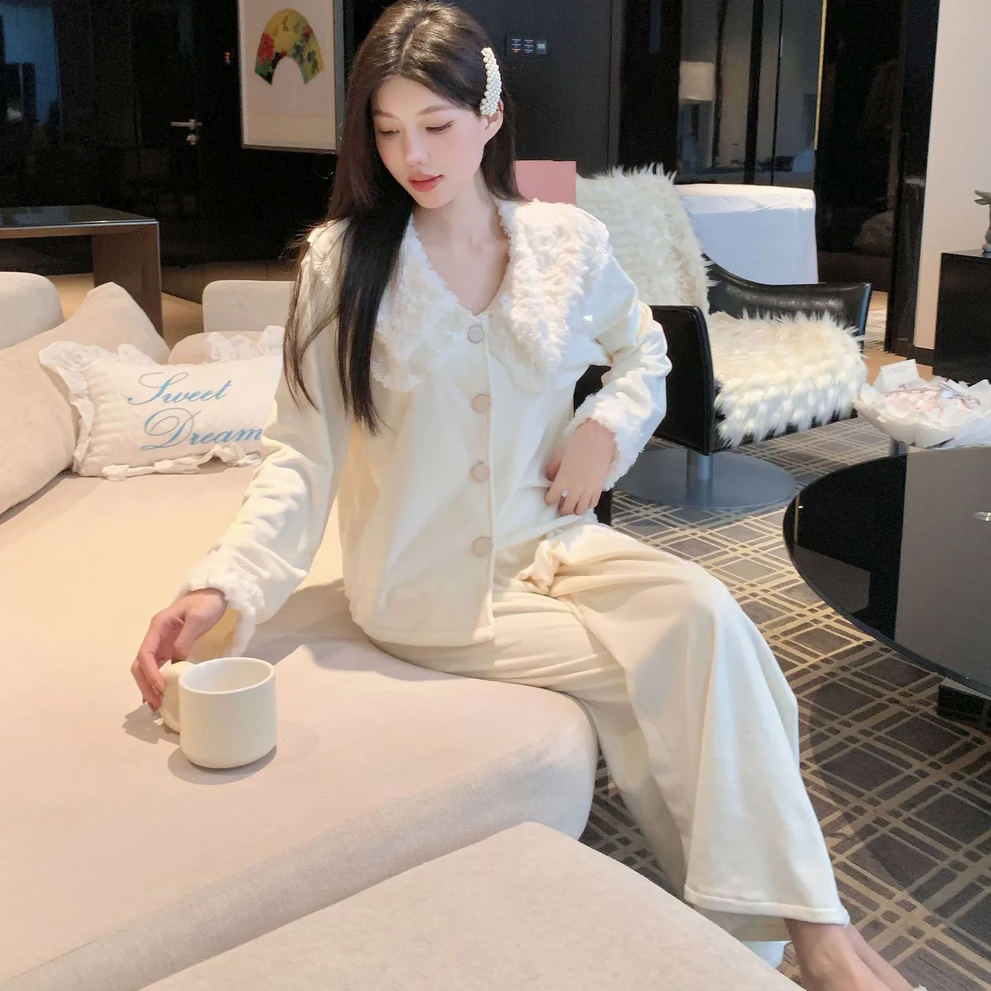 

2 шт., ночное белье, женская милая одежда для дома с кружевной отделкой, домашняя одежда в стиле принцессы, рубашка, брюки, одежда для дома, теплый остров, бархатный пижамный костюм