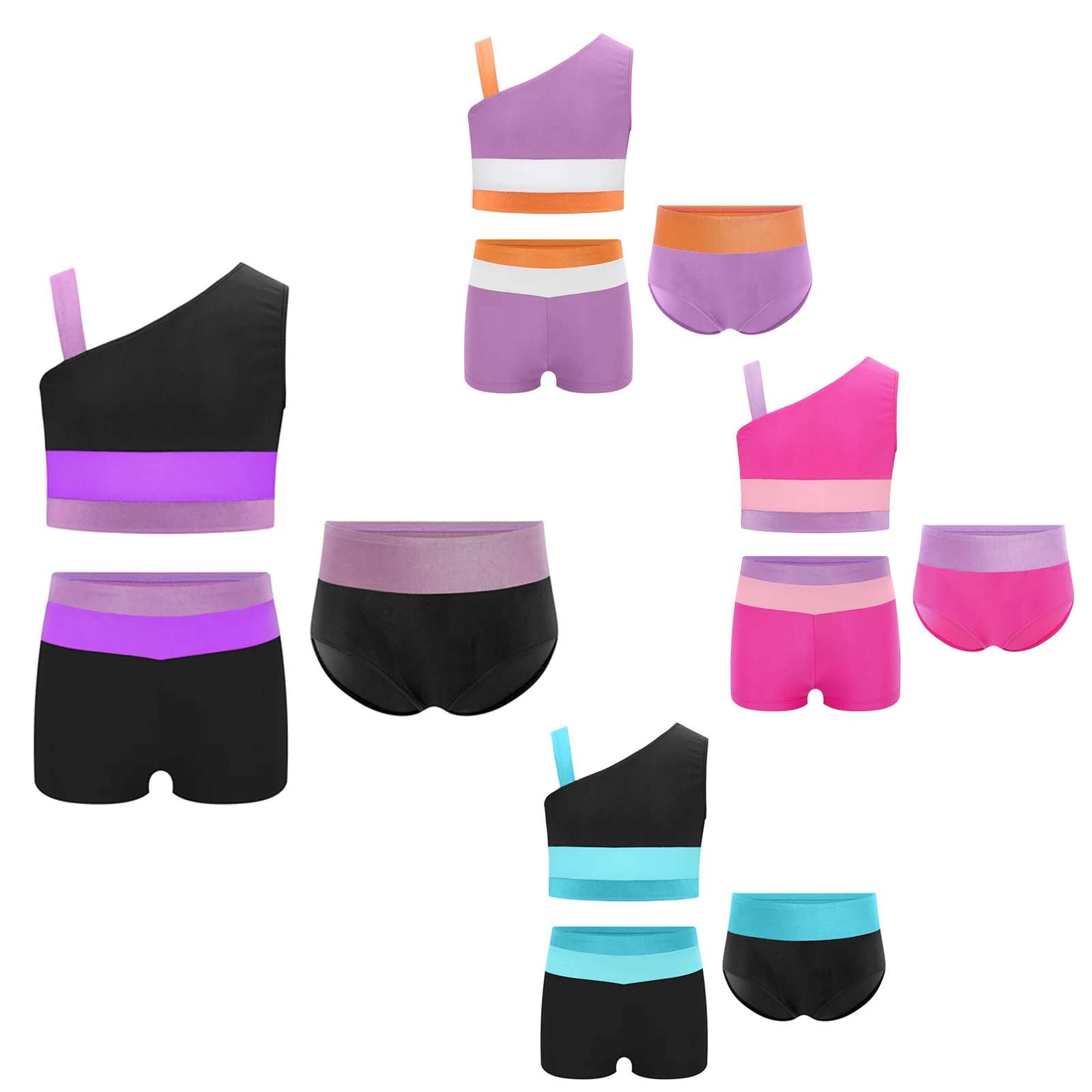 Kids Girls Ballet Sets Gymnastics Dancewear Sports Costume Sleeveless Asymmetrical Color Block Crop Top with Briefs and Shorts