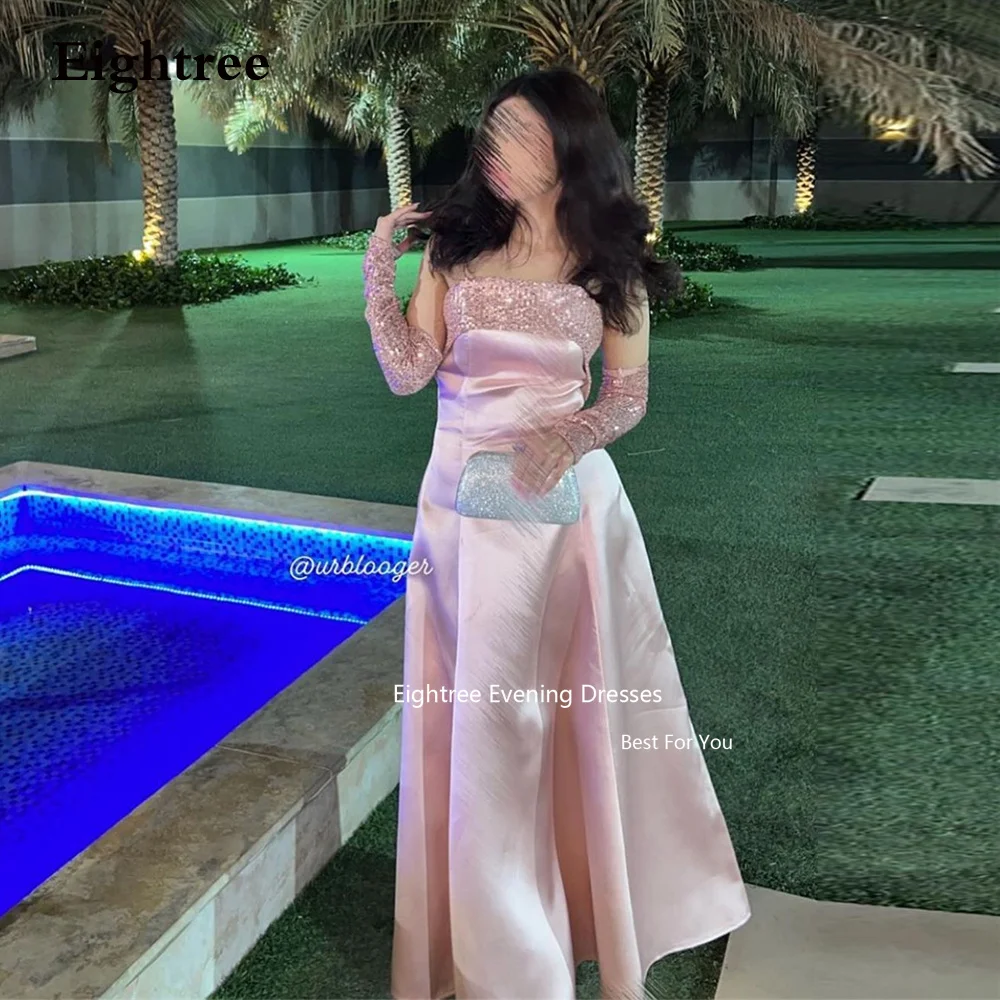 

Eightree Pink Saudi Arab Evening Dresses Mermaid Sequines Beaings Long Sleeves Satin Strapless Dresses For Women 2023 Abendkleid