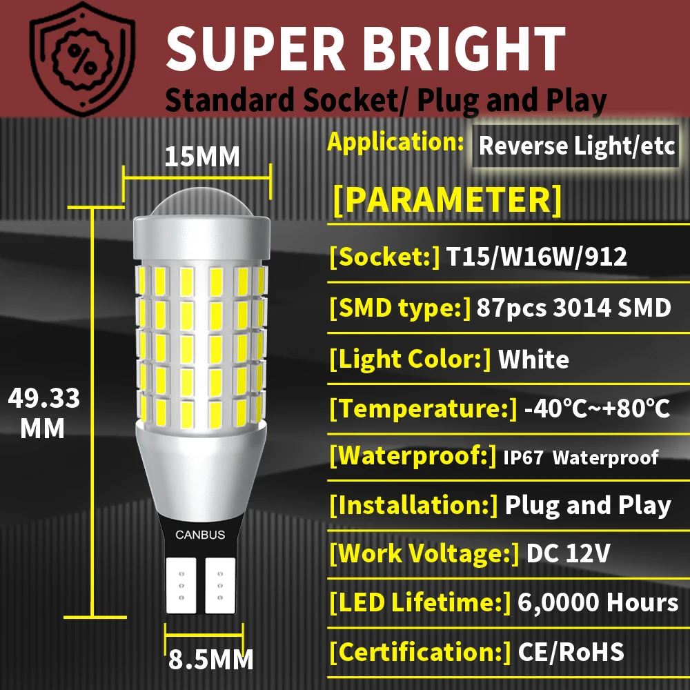2pcs W16W T15 LED Backup Light Bulb Reverse Lamp Canbus No Error For Mitsubishi ASX Eclipse Cross Galant Lancer Outlander 1 3